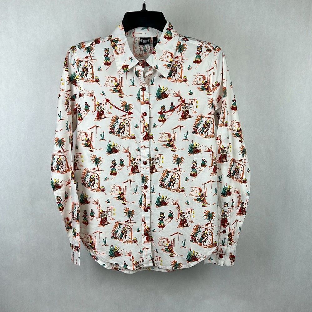 Cruel Denim Snap Button Up Shirt Latin City Print White Sz XS CTW7295007